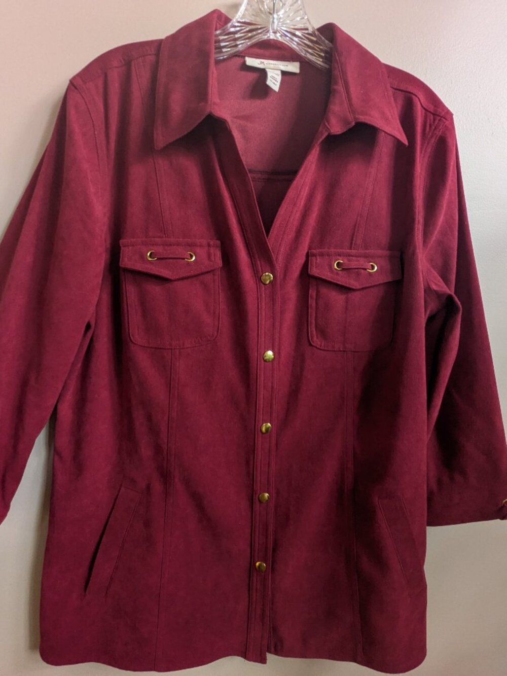 JM collection faux suede burgundy jacket snap gold buttons woman size M #838